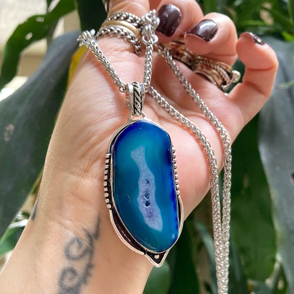 925 sterling silver overlay charm blue geode agate slice gemstone boho necklace - Picture 8 of 15